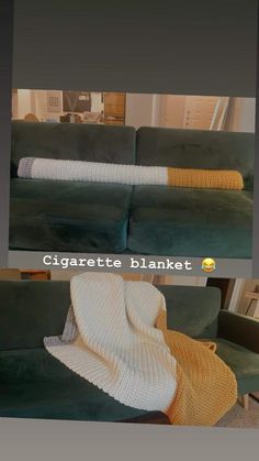 two pictures show the same couch and blanket