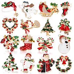 christmas brooches and pins are shown in various colors, shapes and sizes on a white background