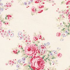 an old fashioned wallpaper with pink roses and blue daisies on white background,