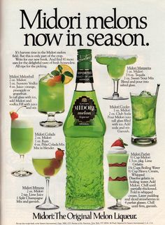 an advertisement for midori melon's now in season, with green drinks