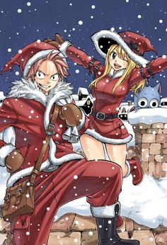 an anime character dressed as santa claus and a woman in a red outfit standing next to each other