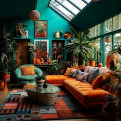 a living room filled with furniture and lots of plants