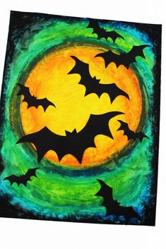 a painting of bats flying in the night sky over an orange and blue moon with green background