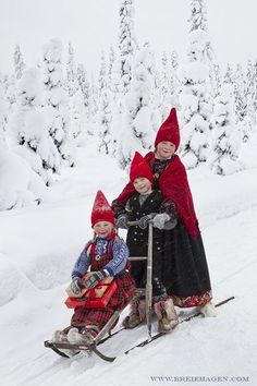 two children on sled in the snow wearing red hats and cloaks, with trees behind them