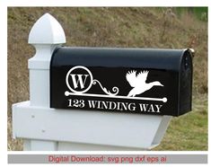 a mailbox with the words, 123 winding way on it and an image of a bird