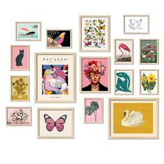 a bunch of framed pictures on the wall with animals and flowers in them, all hanging up