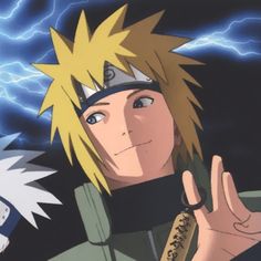 two anime characters standing next to each other with lightning in the background and one holding his hand up