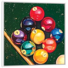 an oil painting of pool balls and cues