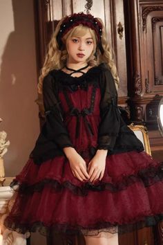 Fabric: Cotton Color: Black/Red, Black Feature: Multi-layer, Ruffle, Bowknot Style: Gothic, Elegant, Princess Include: Dress*1 (Any of the accessory is not included.) Size (IN) Bust Waist Length S 33.86 26.77 36.22 M 35.43 28.35 36.61 L 37.01 29.92 37.01 XL 38.58 31.50 37.40 Size (CM) Bust Waist Length S 86 68 92 M 90 72 93 L 94 76 94 XL 98 80 95 Princess Dress Red, Gothic Princess, Red Gothic, Puffy Skirt, Punk Dress, Style Gothic, Suspender Dress, Lolita Dress, Gothic Lolita