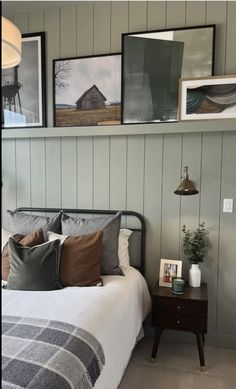 Painted Wood Paneling Bedroom, Bedroom Ideas Narrow Room, Bedroom Panneling Sage Green, Tongue And Groove Bedroom Walls, Painted Tongue And Groove Walls Bedroom, Wood Cladding Bedroom, Calm Guest Bedroom, Tongue And Groove Walls Bedroom, Wood Panneling Rooms Remodel