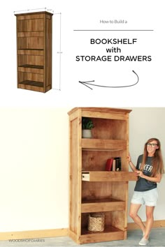 a woman standing next to a book shelf with storage drawers on it and the measurements below