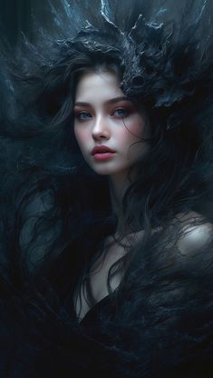 a woman with long black hair and blue eyes is shown in this artistic photo by the artist