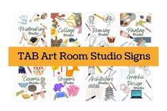 the text tab art room studio signs is displayed in front of an image of various items