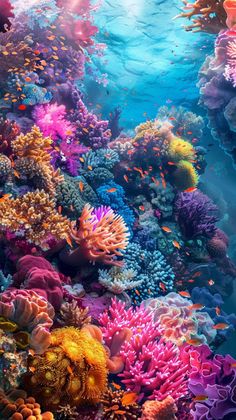 an underwater scene with colorful corals and other marine life on the bottom half of the water