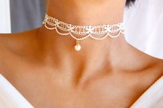 Adjustable with extender from 12.0 to 15.0 inches, for other custom lengths please write your preferred measurements in the order note x Elegant White Pearl Charm Choker, Elegant White Choker With Pearl Charm, Elegant White Pearl Drop Choker, Elegant White Choker With Pearl Drop, White Pearl Charm Choker For Party, Dainty Pearl Charm Choker For Wedding, Elegant Lace Choker Jewelry, Dainty White Pearl Choker, Delicate White Pearl Choker