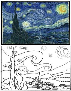 two different paintings one has a tree and the other is a starry night