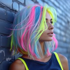 Neon Hair Dye, Hair Color Placement Ideas, Funky Hair Color Ideas, Purple And Teal Hair, Fun Colored Hair, Vivid Hair Color Ideas, Neon Pink Hair, Jellyfish Haircut, Neon Hair Color