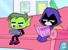 two cartoon characters are sitting on a couch and one has a book in his hand