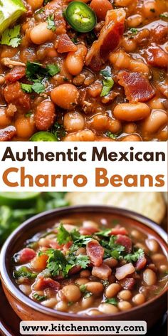 two pictures with different types of beans in them and the words authentic mexican charro beans