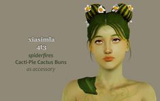 an image of a woman with flowers on her head and the words xiasimala 43 spiderfries cat - pie cactus buns as accessory