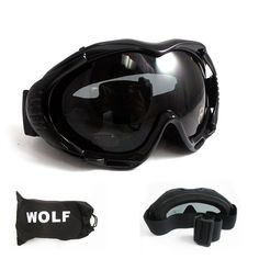 a pair of ski goggles and sunglasses are shown with the words wolf written on them