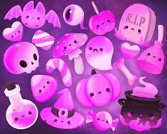 a bunch of pink objects that are on a purple background with the words rip written in it