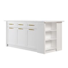 a white kitchen cabinet with gold handles and drawers on the bottom, against a white background