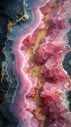 an abstract painting with pink and blue colors on it's surface, as well as gold