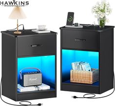 two black nightstands with blue lighting and wicker basket on top, both side by side