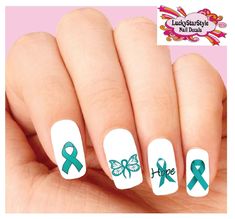 Waterslide Nail Decals Set of 20 - Teal Cervical Ovarian Cancer Ribbon Hope Ast Nails Inspiration Summer, Waterslide Nail Decals, Clear Nail, Clear Nail Polish, Dry Nails, Accessories Bags, Nail Decals, Nails Inspiration, You Nailed It