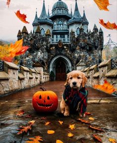 a dog sitting next to a pumpkin in front of a castle with lots of leaves