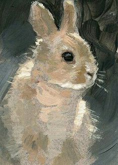 a painting of a rabbit sitting in front of a black background with white and brown colors