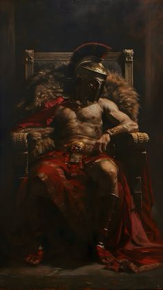 a painting of a man in armor sitting on a throne