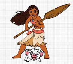 a woman in a hula skirt holding a paddle next to a pig