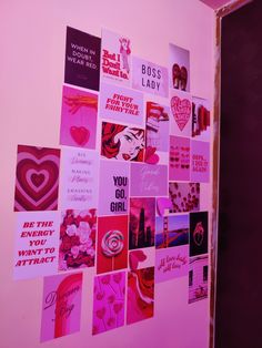 the wall is covered with many different types of valentine's day cards and magnets