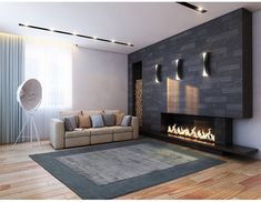 a living room with a couch, fireplace and lights on the wall next to it