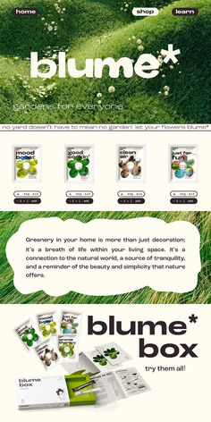 an advertisement for the bumme box is shown in green grass and has white flowers on it