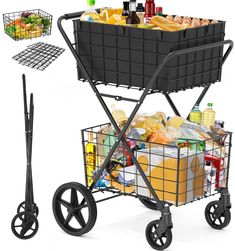 a shopping cart filled with food and drinks