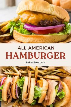 an image of hamburgers and french fries with the words all american hamburger on top