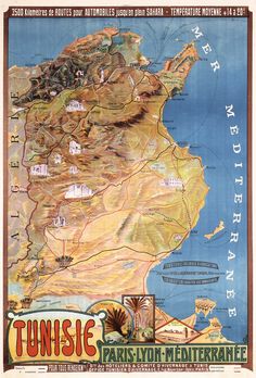 an old poster shows the location of tunise, where there are many different towns