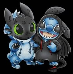 two cartoon characters standing next to each other on a black background and one is wearing a blue outfit