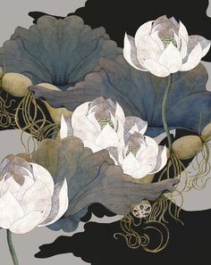 an artistic painting of white flowers and leaves on a black background with gold swirls