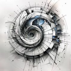 an abstract painting with lines and shapes in the shape of a spiral on a white background