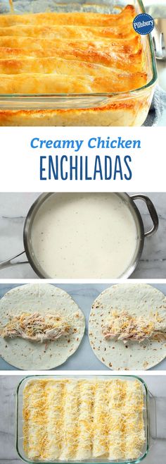 chicken enchiladas in pans with text overlay that reads creamy chicken enchiladas