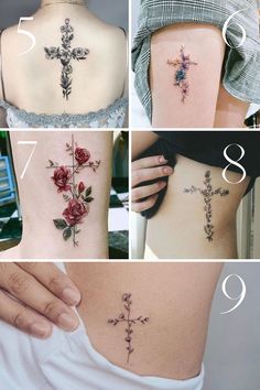 four different pictures of cross tattoos on the back of women's stomach and chest