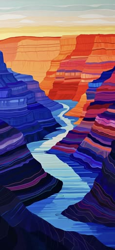 an abstract painting of the grand canyons at sunset, with water flowing through them