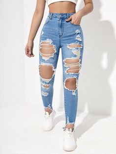 Free Returns ✓ Free Shipping✓. SHEIN Essnce High Waisted Ripped Raw Hem Cutout Skinny Jeans Ripped Jeans- Women Jeans at SHEIN. Ripped Jeans High Waist, Ripped Jeans Outfit Women, High Waist Ripped Jeans In Medium Wash, Rip Jeans Outfit, Fitted High Waist Ripped Jeans, Blue Ripped Jeans Outfit, Cute Ripped Jeans Outfit, Cheap High-rise Distressed Pants, High Waist Non-stretch Ripped Jeans