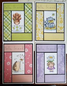 four cards with different pictures of animals and flowers on them, one has the words hello friend