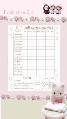 a teddy bear sitting on top of a table next to a checklist with pink flowers