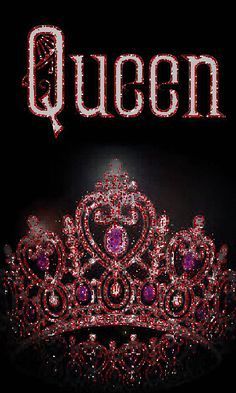 the word queen written in red glitter with a tiara on it's head